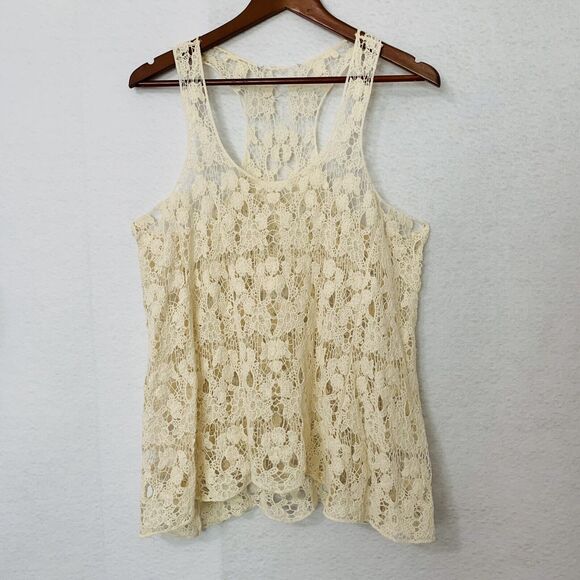 Blouse Woman Large Ivory Crochet Scallop Edge Sheer Razorback Sleeveless Cottage - Picture 7 of 7